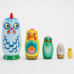 Bits and Pieces chicken nesting dolls family group, traditional wood set for mantel display.