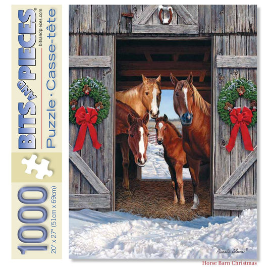 Bits and Pieces horse barn Christmas puzzle shows a cozy winter scene for relaxing evenings at home.