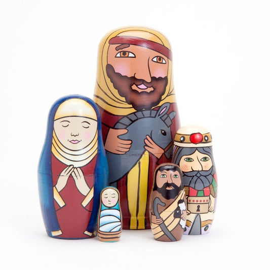 Bits and Pieces Holy Family nesting dolls set with five figures for holiday display