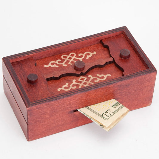 Bits and Pieces Secret Money Puzzle Box in closed wooden case for discreet storage