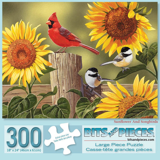 Bits and Pieces Sunflower and Songbirds puzzle cover, vibrant colors for relaxing family time