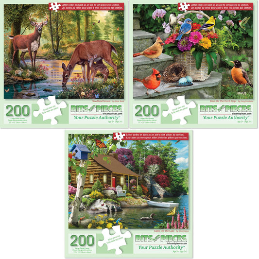 Bits and Pieces three-puzzle-set-box-front shows durable, easy-to-store packaging.