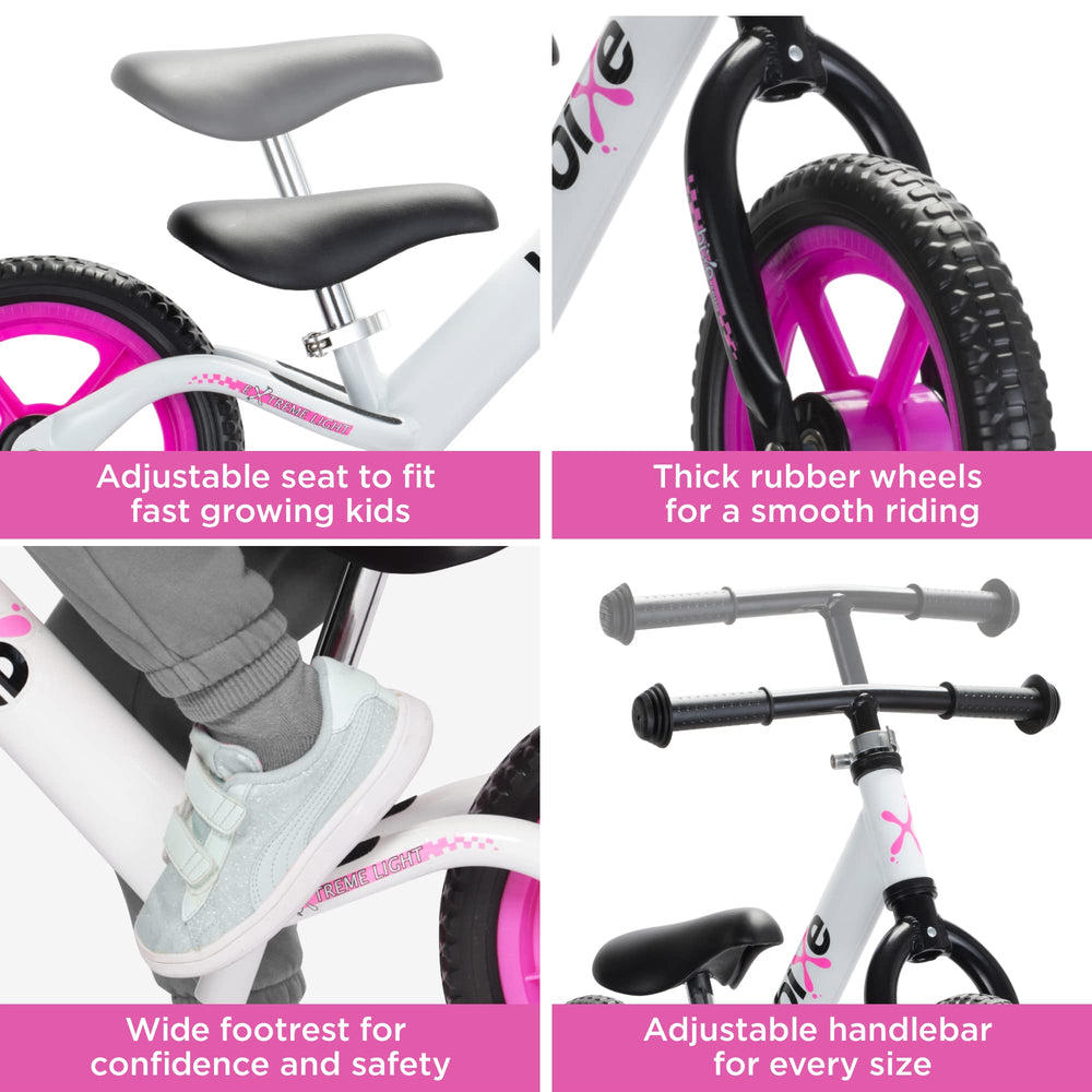 Bixe pink seat closeup demonstrates comfortable seat and adjustable height.
