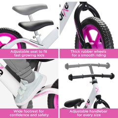Bixe pink seat closeup demonstrates comfortable seat and adjustable height.