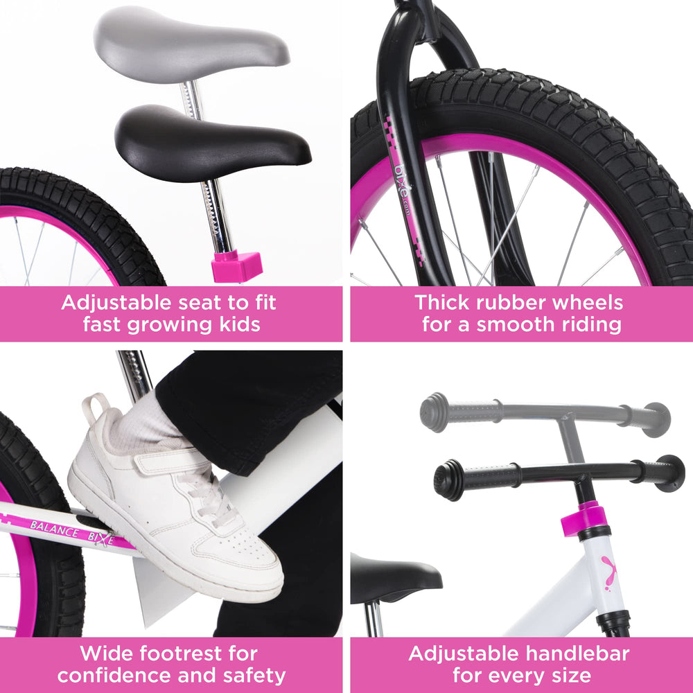 Bixe Balance Bike 16-inch pink seat and handlebars with easy height adjustment.