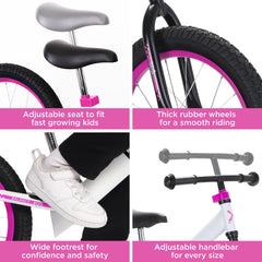 Bixe Balance Bike 16-inch pink seat and handlebars with easy height adjustment.