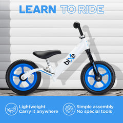 Bixe balance bike blue seat supports comfortable, adjustable seating as kids grow.