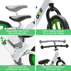 Bixe balance bike green seat adjustment shows customizable fit for growing children
