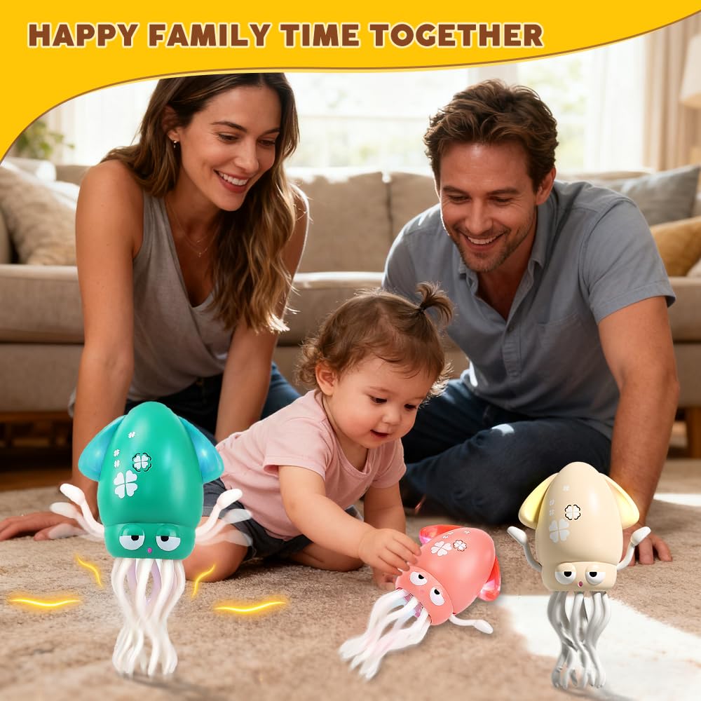 Biyrly obstacle-sensor squid toy helps build coordination during playtime.