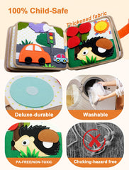 BizyKoady Busy Book soft fabric design provides safe, durable handheld exploration.