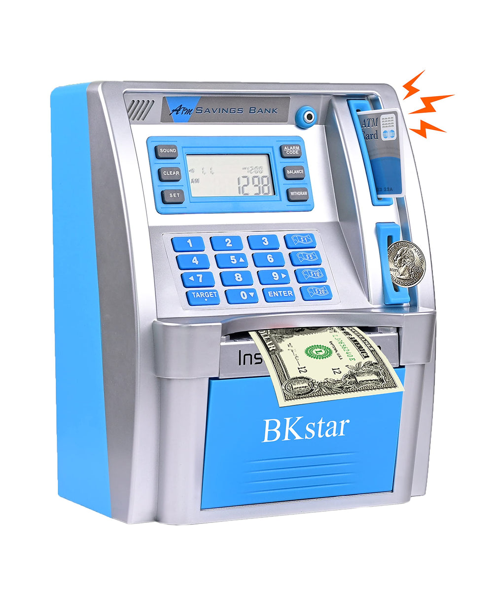 BKstar Kids Talking Blue ATM Piggy Bank front view with interactive prompts
