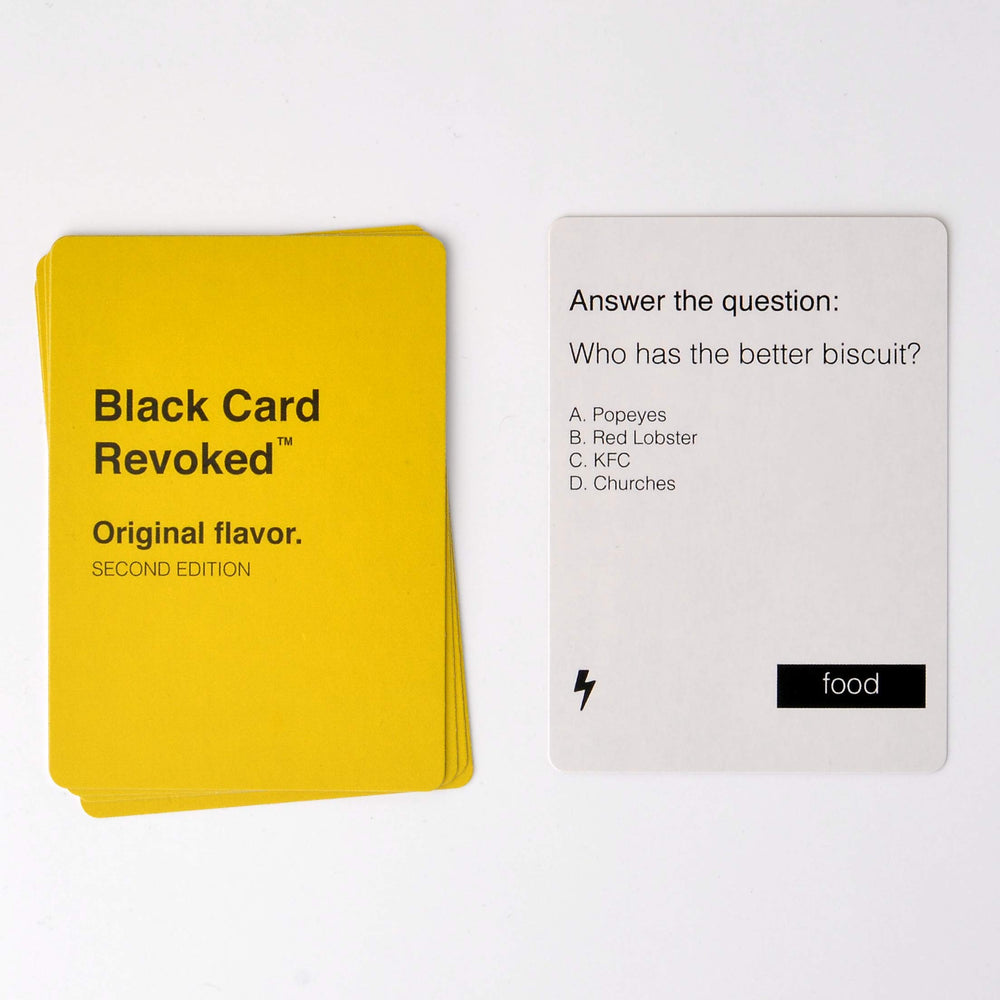 Black Card Revoked game night packaging shown for gifting.