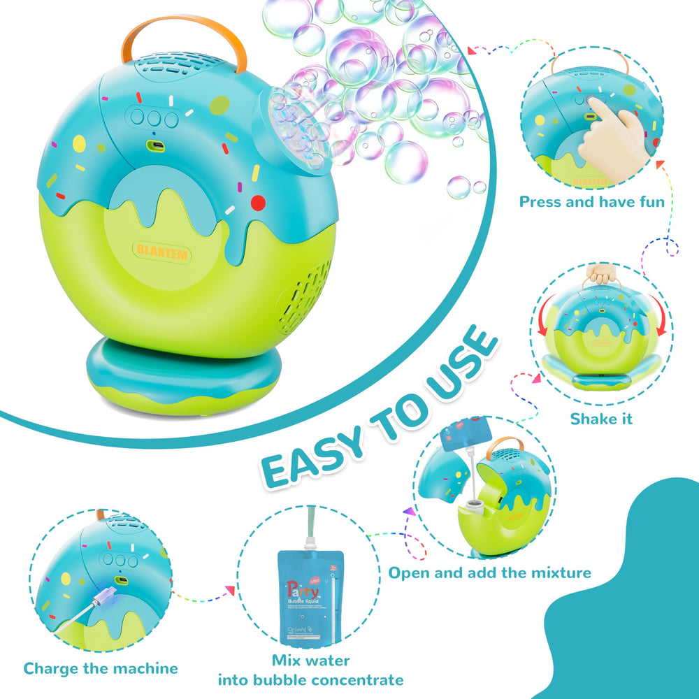BLAXTEM donut bubble machine charging via Type-C for extended playtime