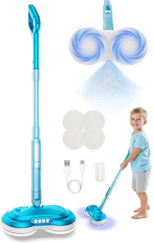 BLAXTEM kids electric spin mop light-blue assembled for realistic pretend cleaning.