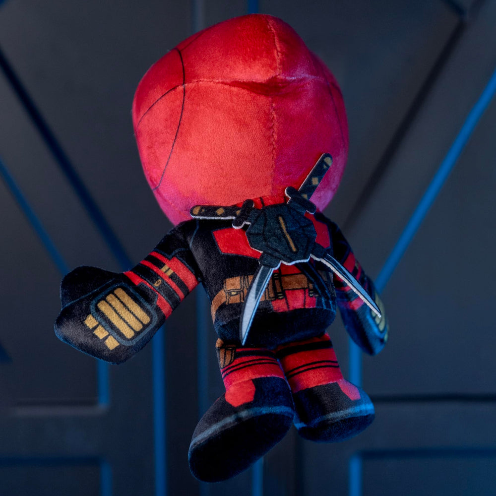 Bleacher Creatures Deadpool plush with embroidered eyes for durable display.