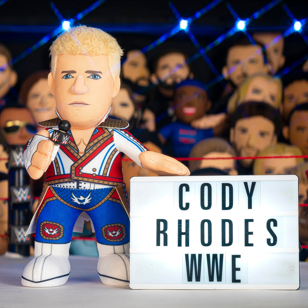 Bleacher Creatures Cody Rhodes 10-inch plush side view for poseable social media photos