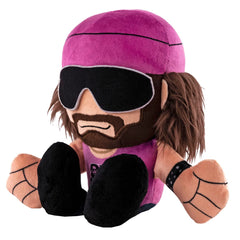 Macho Man Randy Savage plush face closeup with soft fur and chibi-inspired look.
