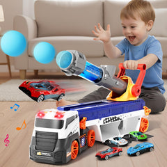 BLF FUN transport truck toy with launcher and bright colors for engaging imaginative play.