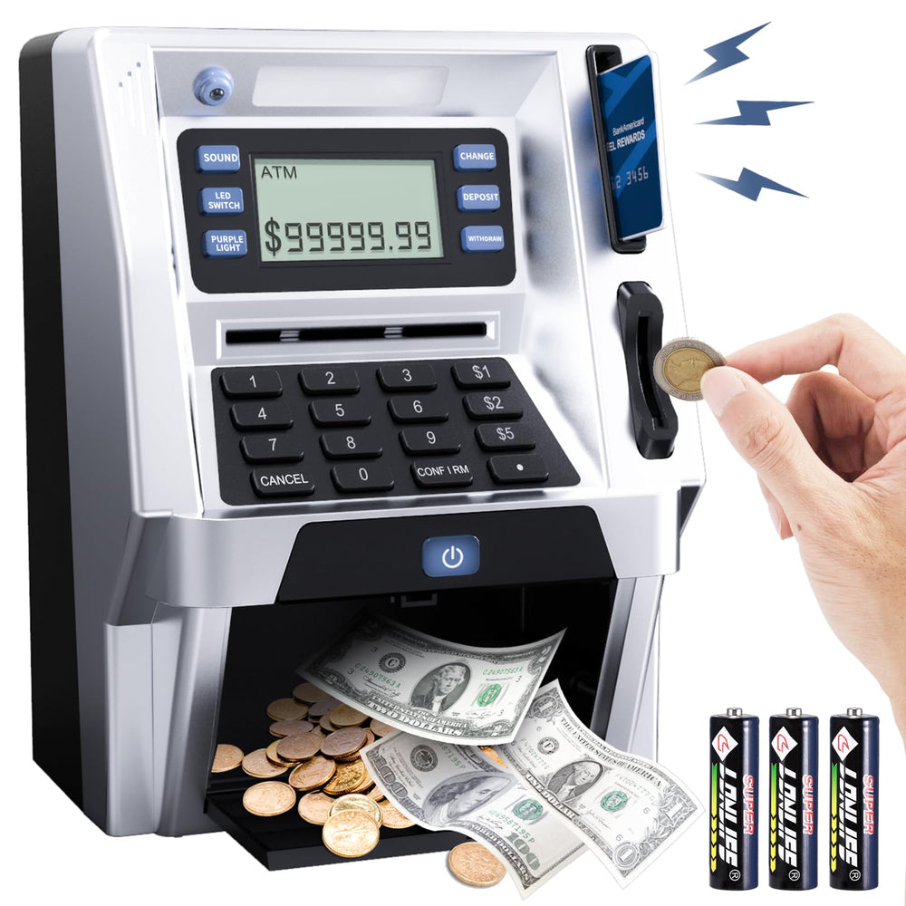 Blingbin upgraded ATM piggy bank front view showing real-money storage for kids.
