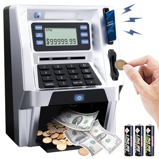 Blingbin upgraded ATM piggy bank front view showing real-money storage for kids.