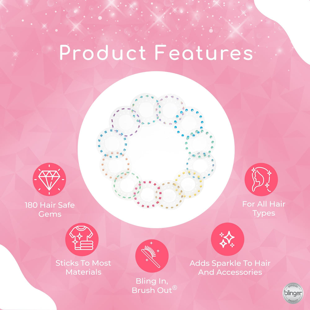 Blinger hair-styling tool gems application for quick, lasting sparkle.