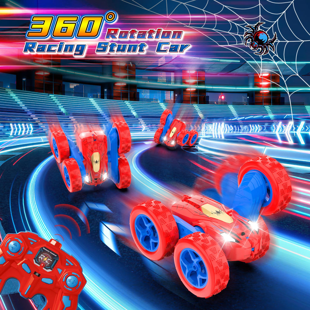 Blissbud Spider RC car side view highlights double-sided stunt design for quick flips.