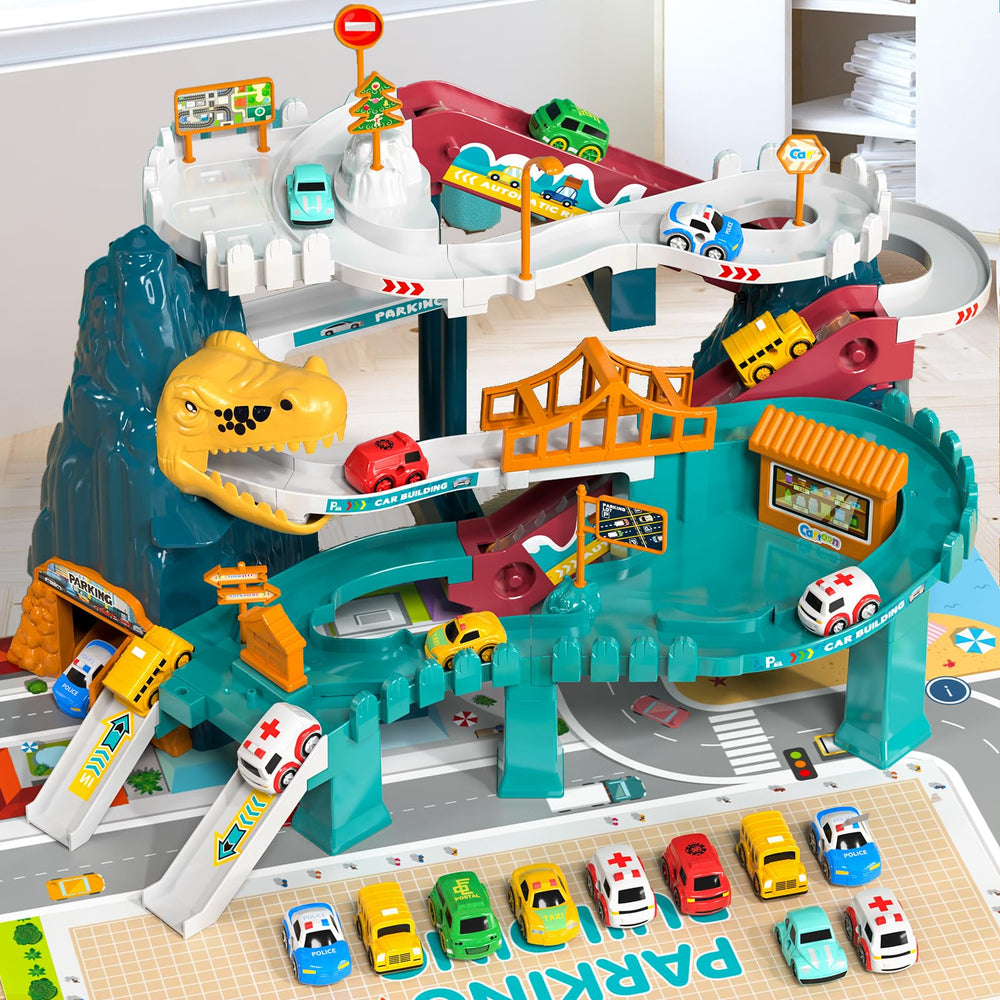 BLmukce Dinosaur Race Track with 10 mini cars invites portable, action-packed play