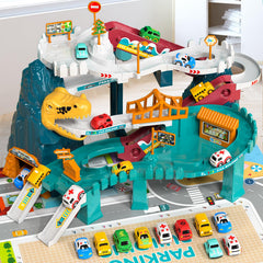 BLmukce Dinosaur Race Track with 10 mini cars invites portable, action-packed play
