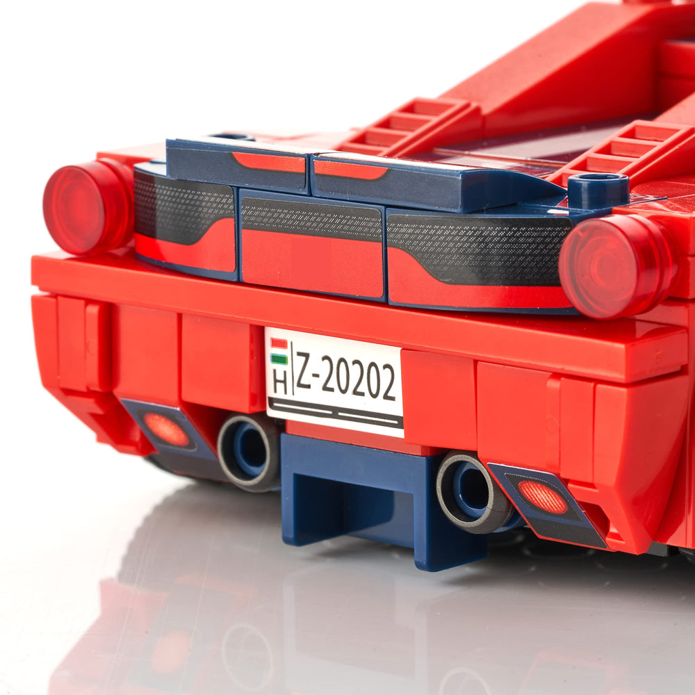 Block Builder Ferrari F8 assembled model photo conveys sturdy construction for play or display.