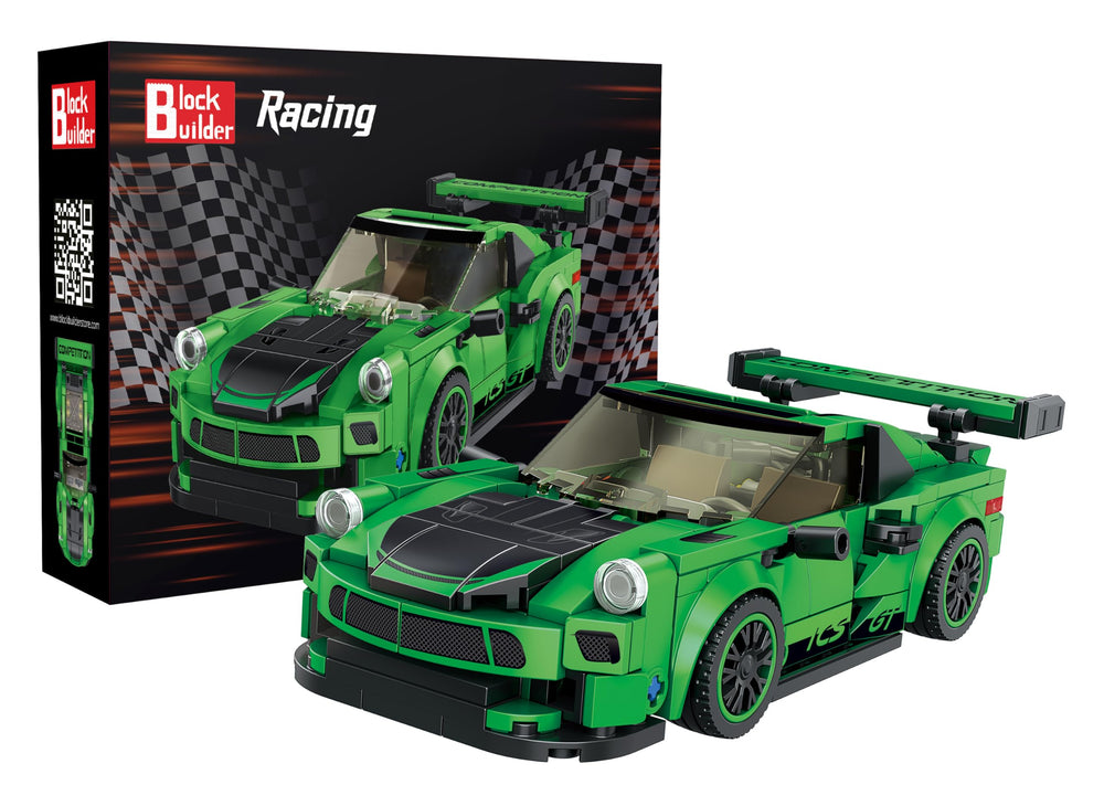 Block Builder Green Porsche 911 front view with realistic steering wheel for immersive play.