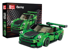 Block Builder Green Porsche 911 front view with realistic steering wheel for immersive play.