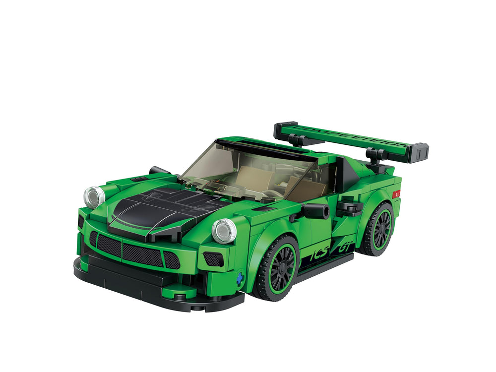Block Builder Green Porsche 911 rear wing detail for authentic racing car look.