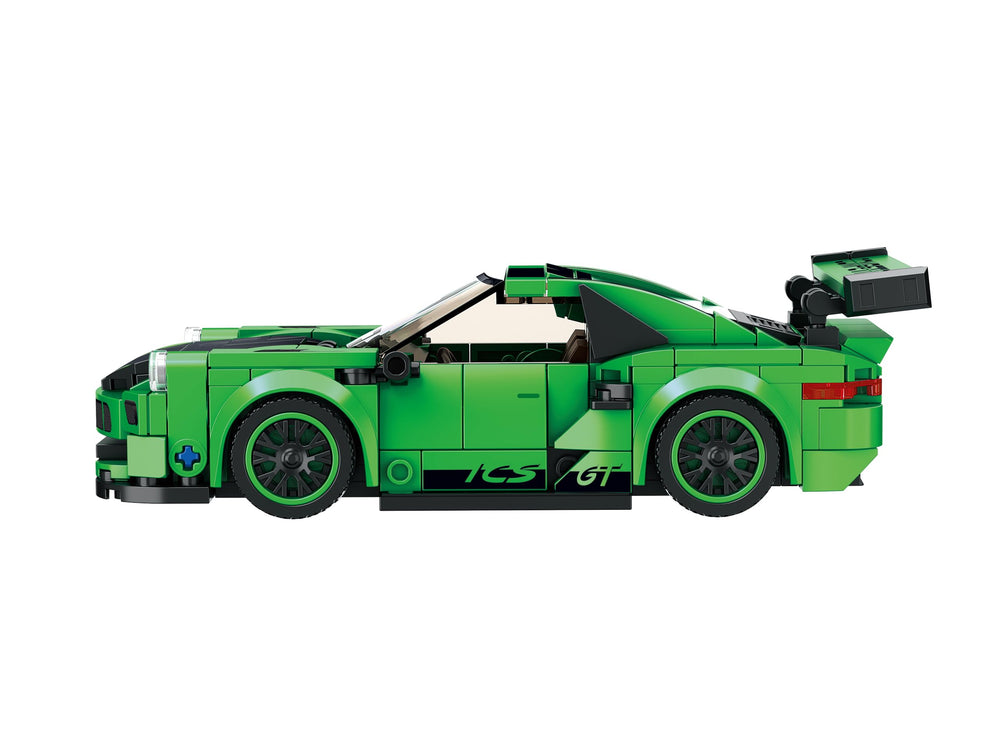 Block Builder Green Porsche 911 steering wheel for hands-on control during build.