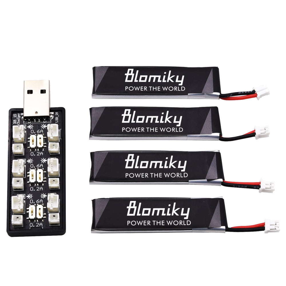 Blomiky packaging includes four batteries and USB indicator.