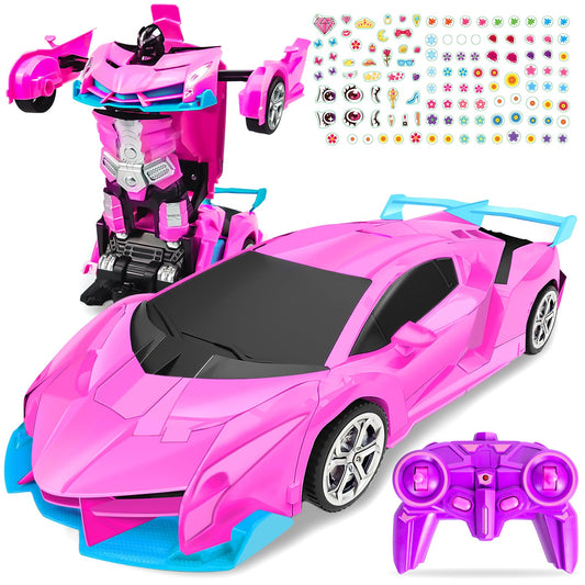 Bloolilies RC car pink transform front view with dual modes and LED lights.