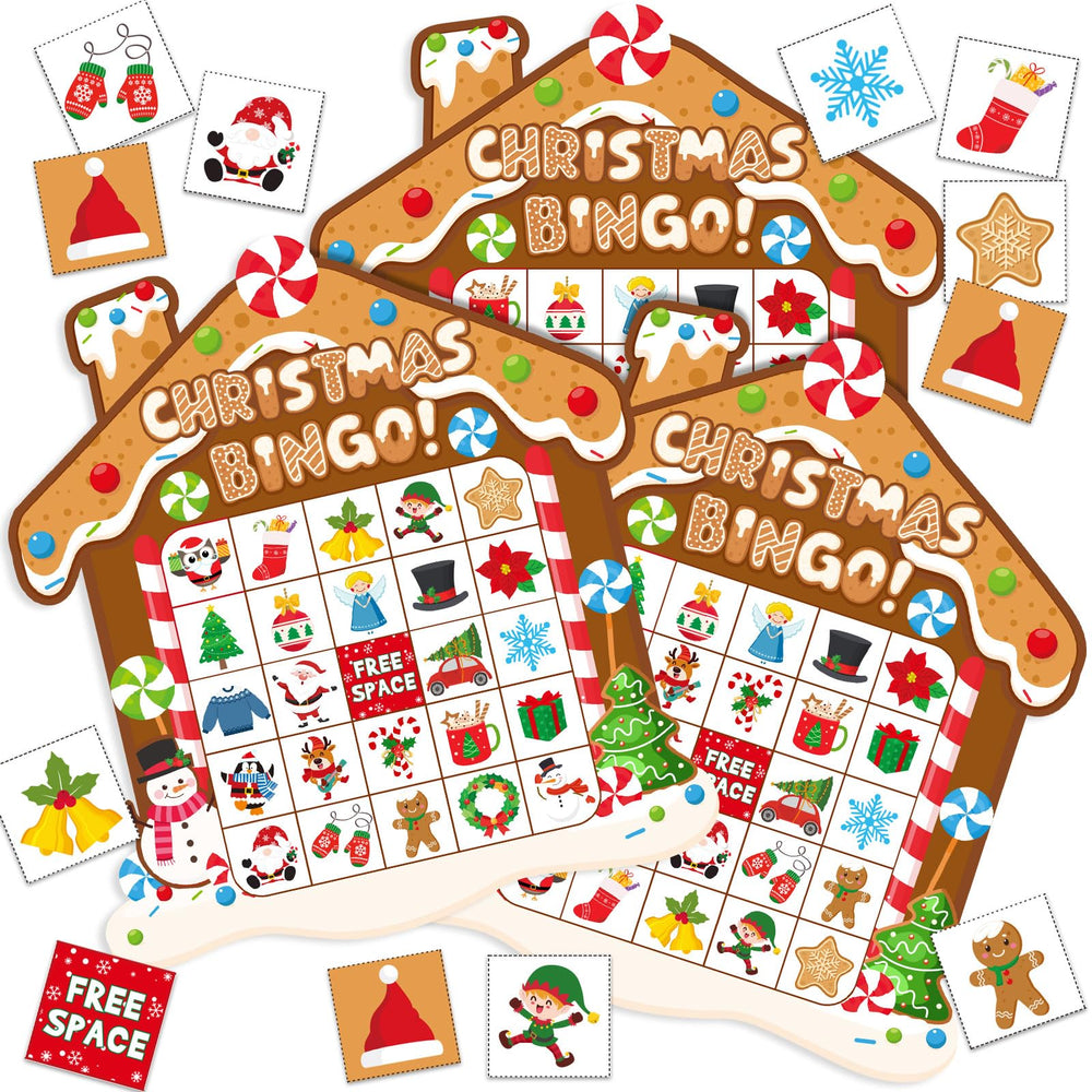 Blosssound Christmas Gingerbread Bingo Cards featuring colorful gingerbread house designs for festive play.
