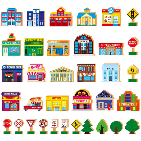 Blosssound town-building pieces — imaginative city play with safe wooden blocks.