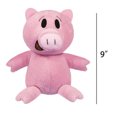Blue elephant and pink pig plush room decor in cozy play space.