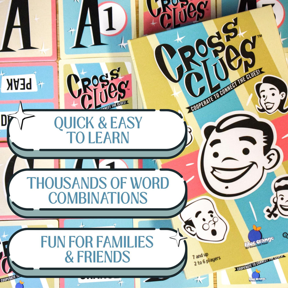 Blue Orange Cross Clues illustrated rules guide clear, friendly play.