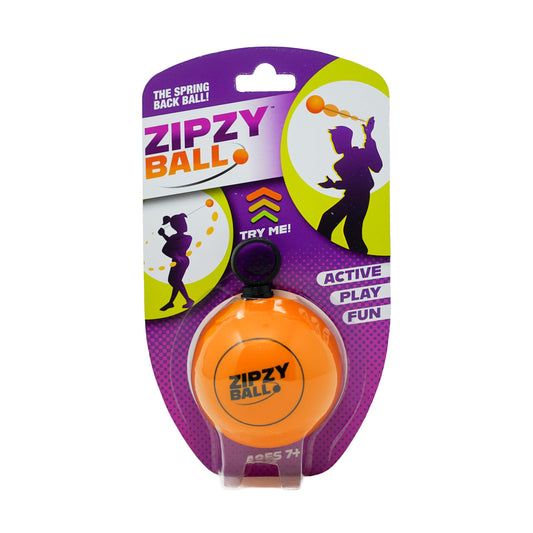 Blue Orange ZipzyBall spring back ring enables ambidextrous play and coordination.