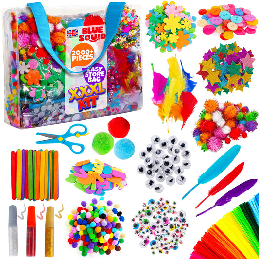 Blue Squid 2000+ pieces craft kit contents laid out for kids creativity.