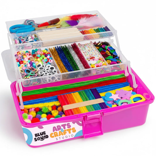 Blue Squid Art Box Pink front view showing organized storage for easy access