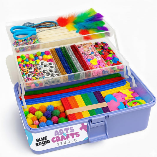 Blue Squid art box purple, top view, tidy craft storage for kids.
