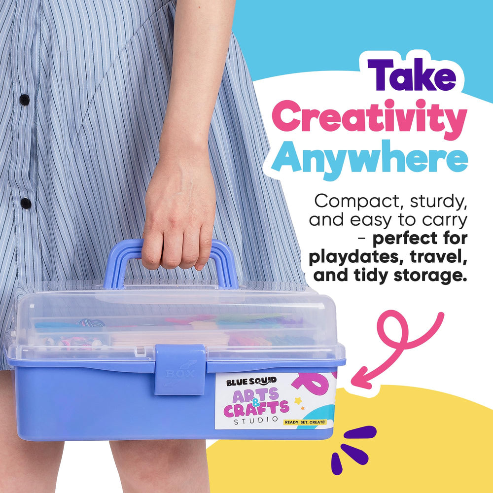 Blue Squid craft box, travel-friendly with sturdy handle.