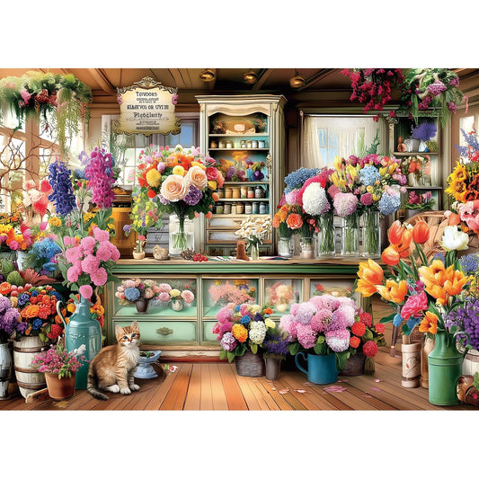 Blueforest 1000-piece puzzle of a colorful flower shop scene, ready to frame as wall art