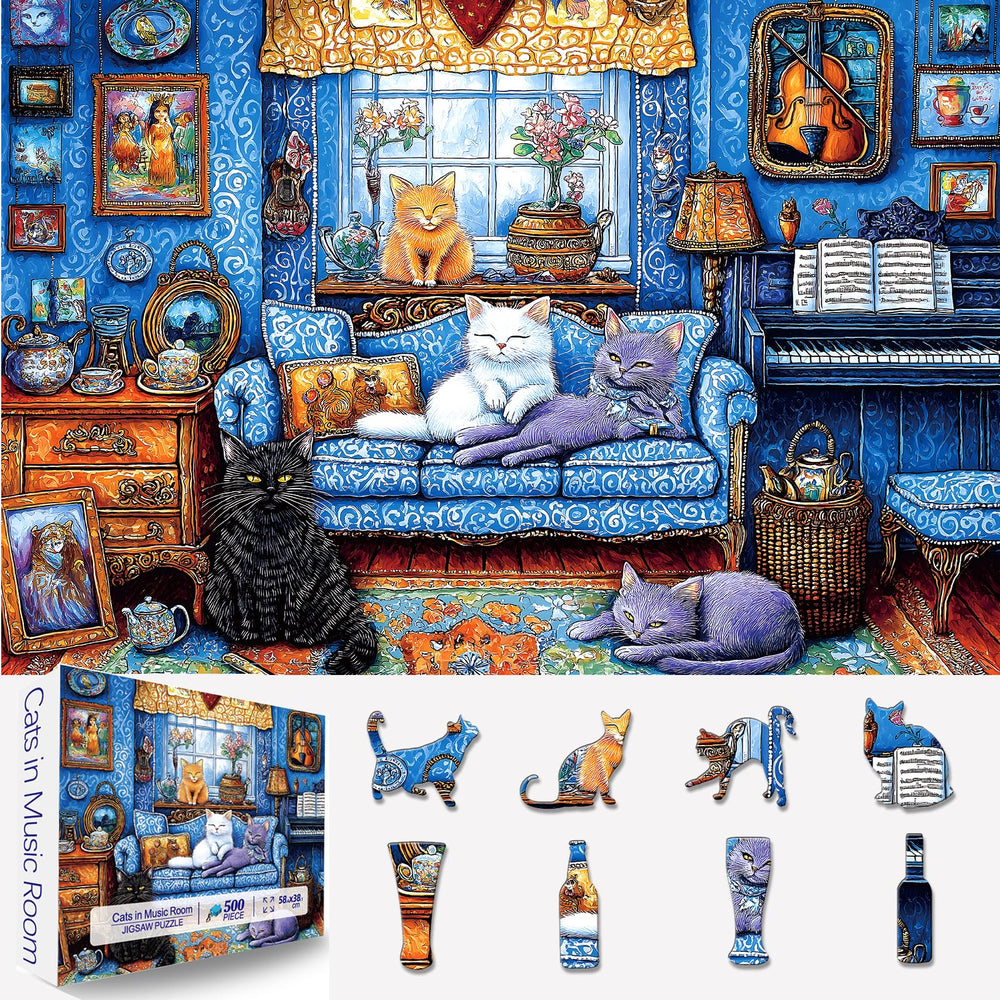 Blueforest 500-piece cat living room puzzle for relaxing family puzzle time.
