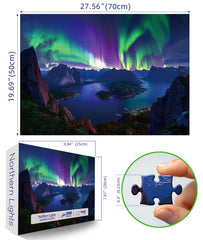 Blueforest Aurora puzzle: tranquil lake and fishing village, perfect family puzzle night.