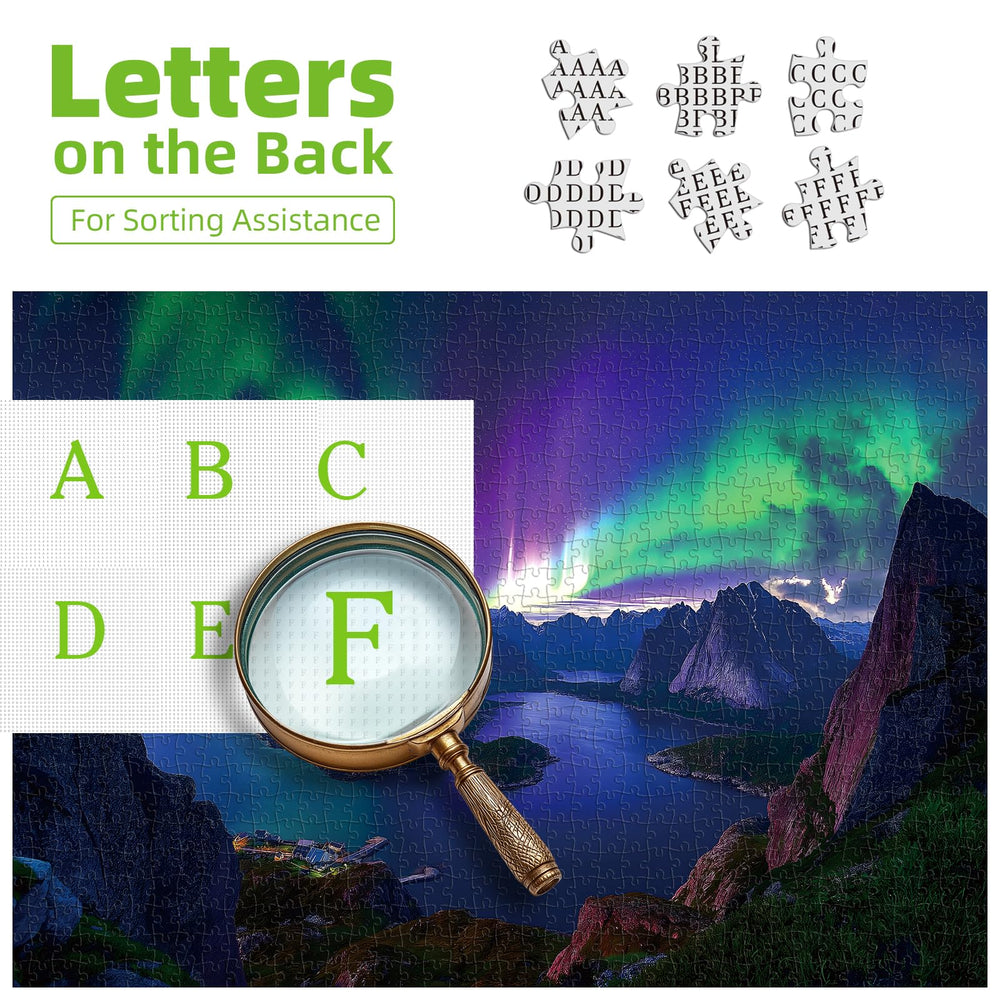 Blueforest Aurora puzzle: snowy landscape under aurora, calming mindful focus scene.