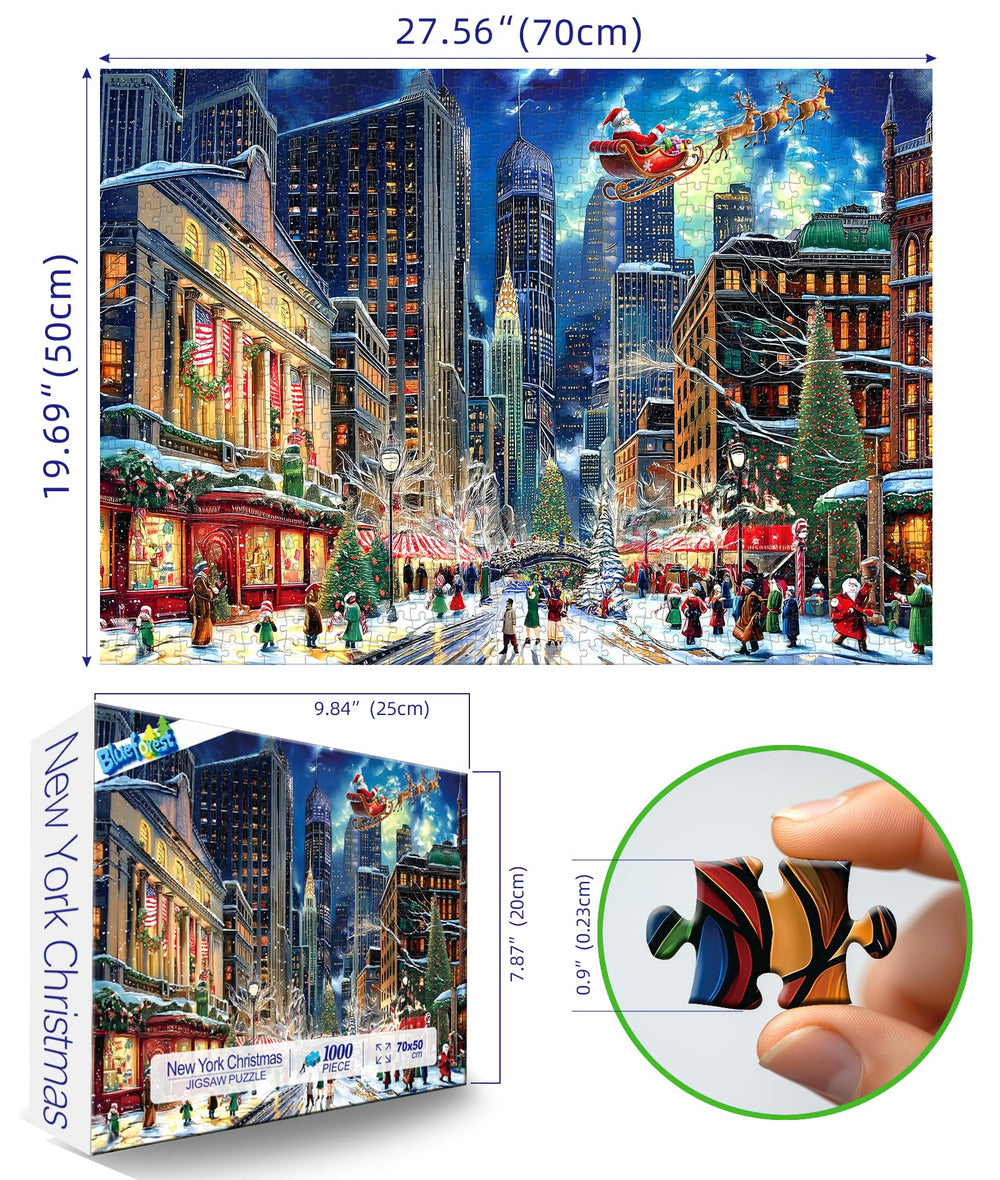 Blueforest puzzle shows snowy metropolis with twinkling shop lights, perfect for festive display