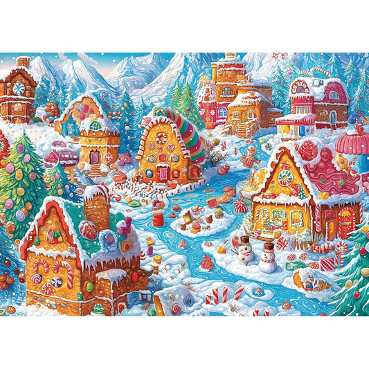 Blueforest Christmas Village puzzle image: candy village scene for cozy family evenings.